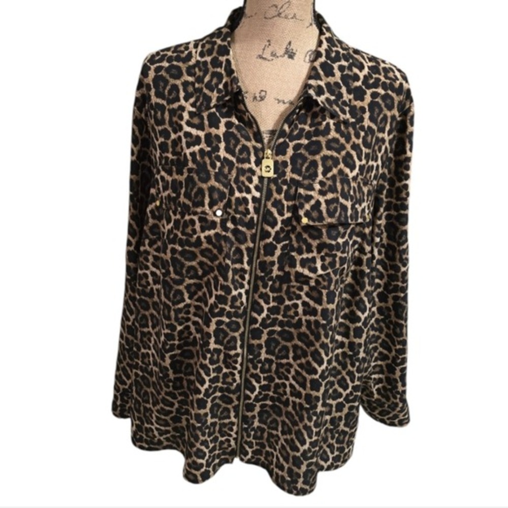 Michael Kors Leopard Print Zip Front Shirt Gold Hardware Brown Tan Top Plus 2X